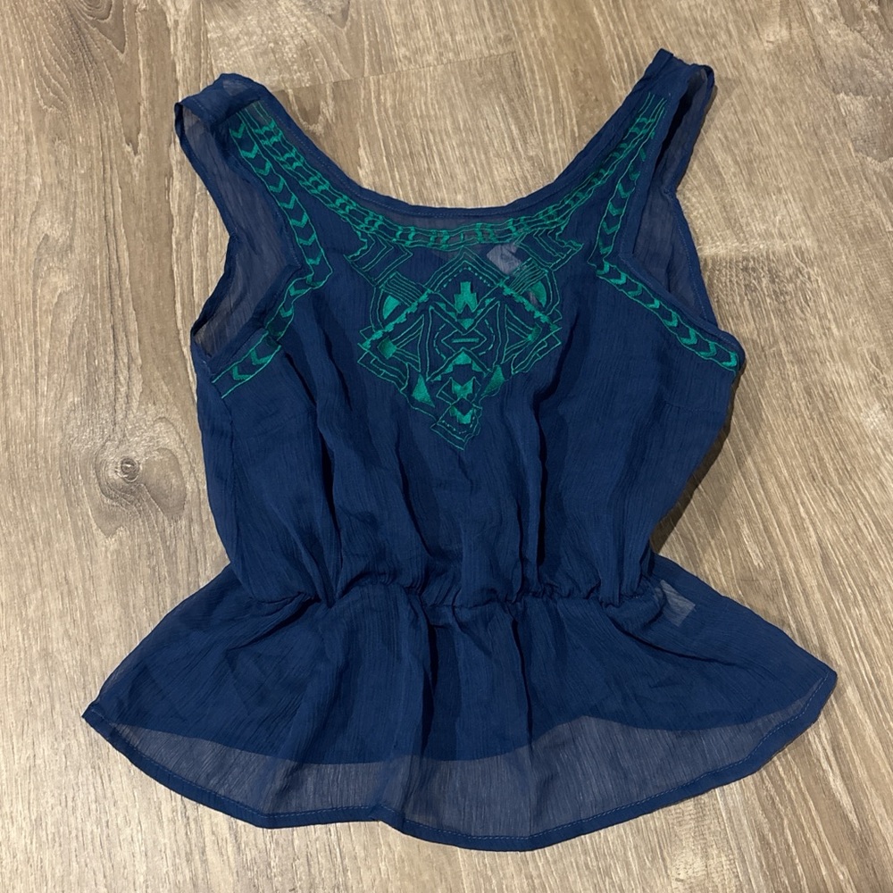 Vintage blue crop top with green embroidered detail
